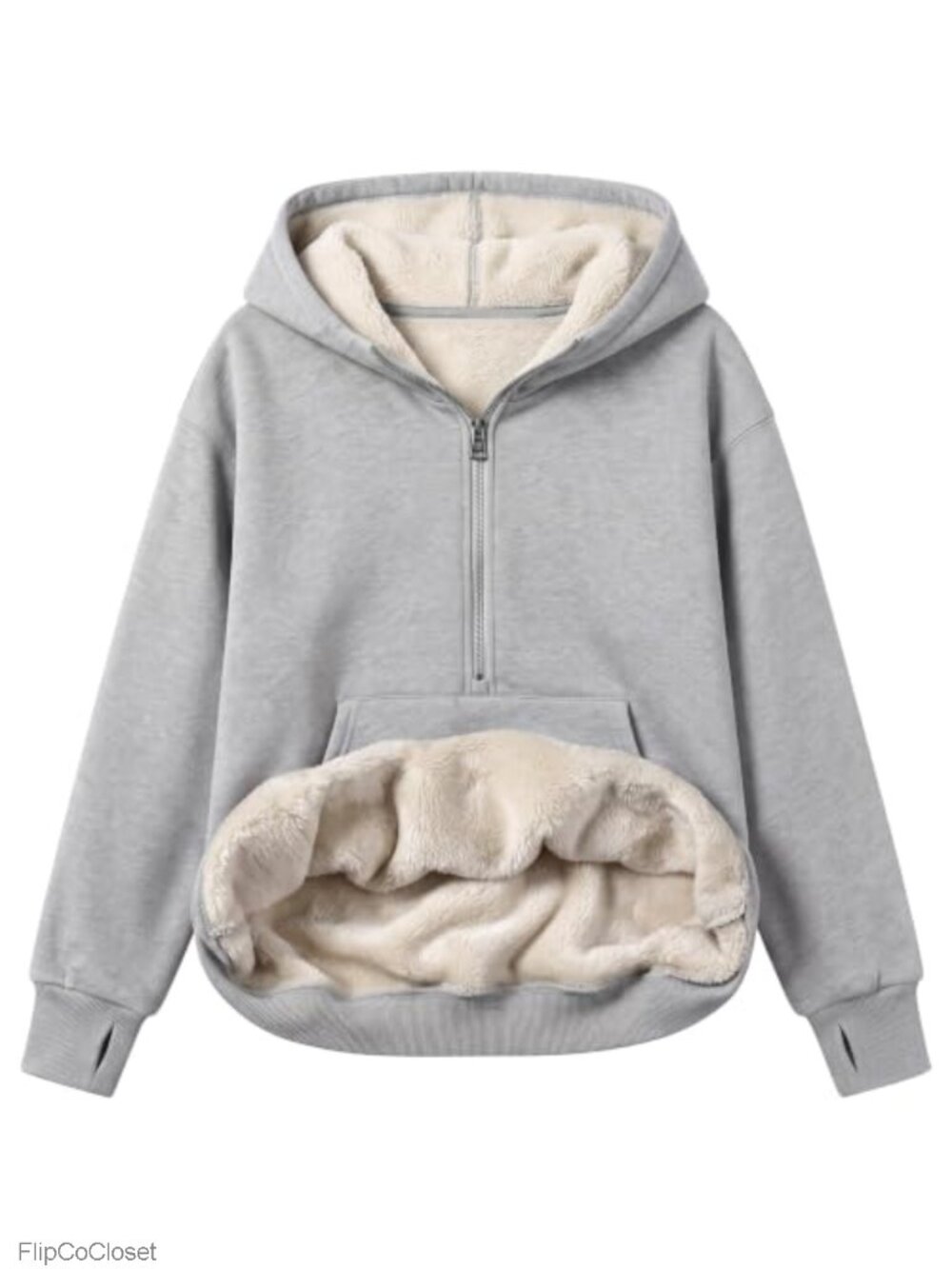 Fuzzy Fleece Half Zip Hoodie Pullover Thumbhole Sweatshirt